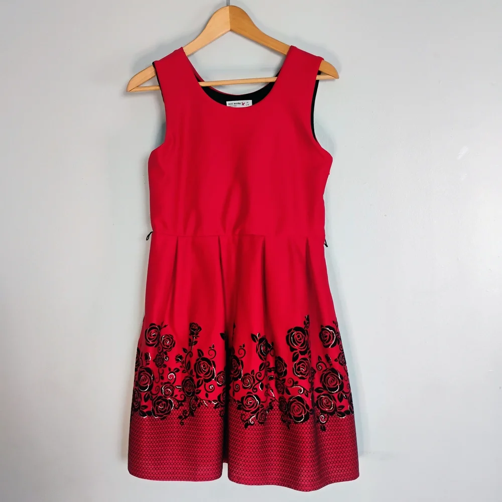 Knitworks Red Black Velvet Floral Detail Holiday Sleeveless Formal Dress Size 16